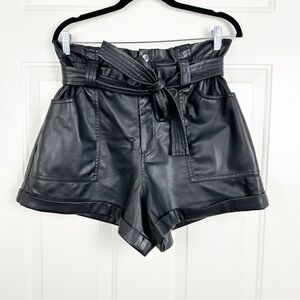 Zara black vegan leather paper bag tie waist shorts size Large